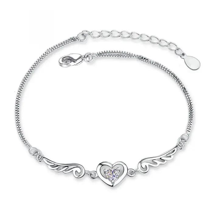Bracelet en argent Sterling 925 avec cœur d'amour et ailes d'ange en Zircon pour femmes