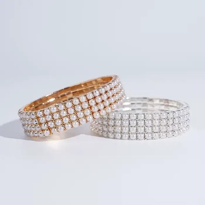 Bracelets classiques à 4 rangées de perles pour femmes, bracelets élastiques pour patients de mariage, bijoux en or et argent