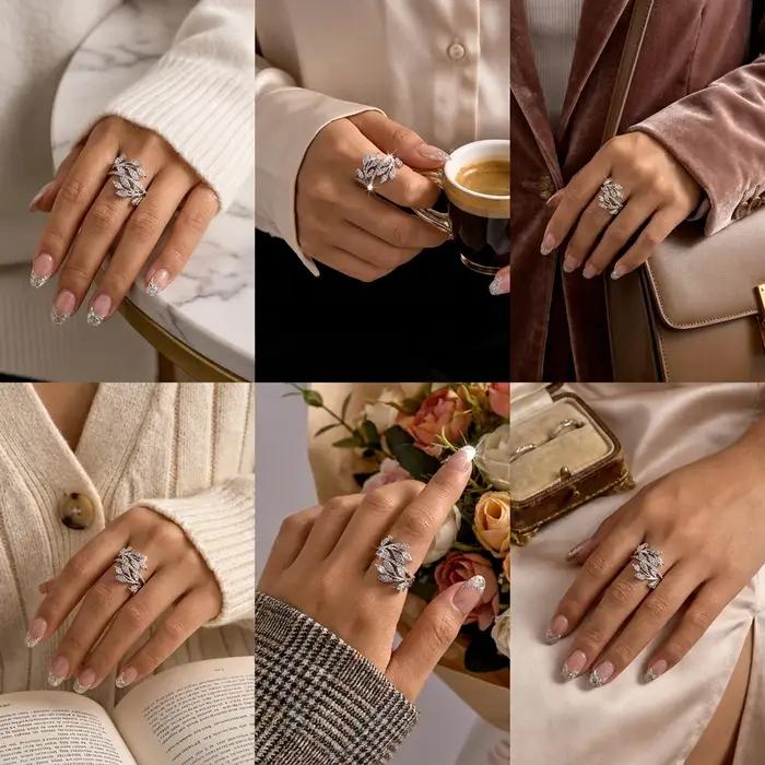 Bague en cuivre avec motif feuilles entrelacées et zircone cubique noire pour femmes occasions spéciales romantique et naturel