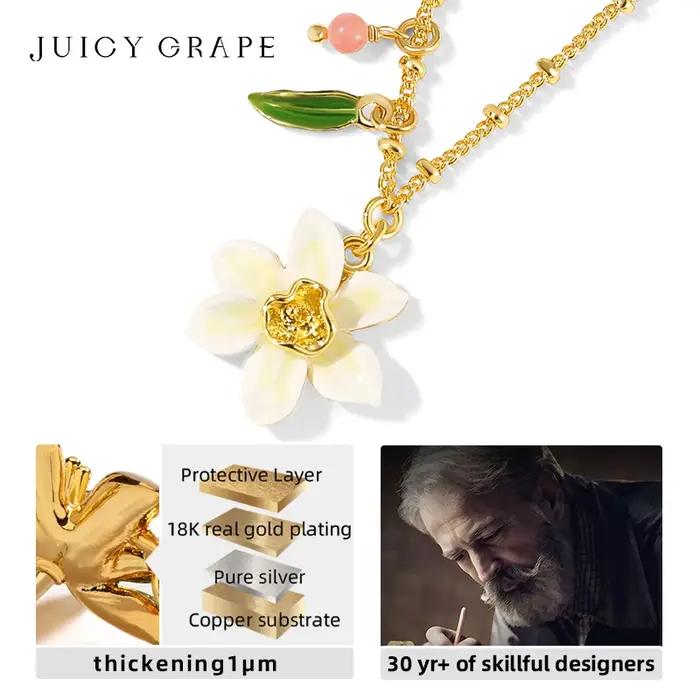 Collier juteux de raisin et jonquille – Pendentif fleur en émail fabriqué à la main en plaqué or 18 carats | Bijoux de