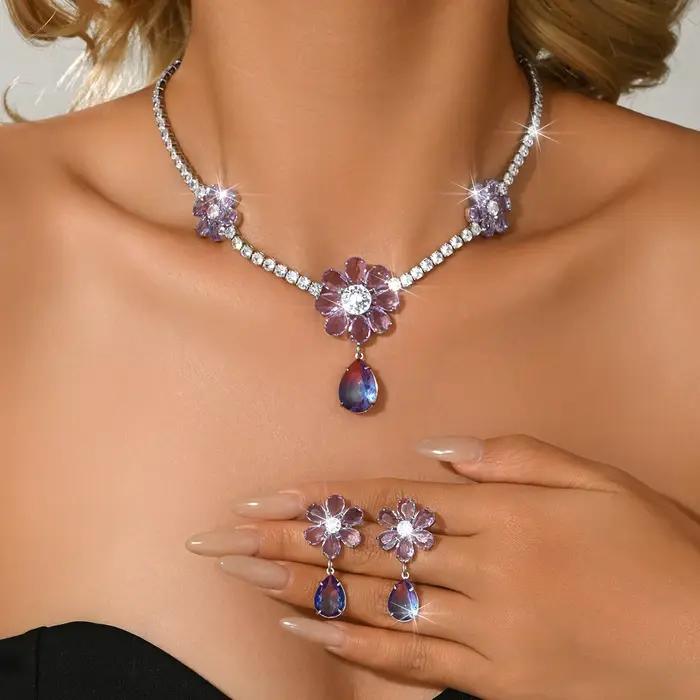 Collier de mariée fleuri, ensemble de luxe en cuivre serti de pierres en zircone, style européen, ensemble tendance pour accessoires de robe de soirée formelle