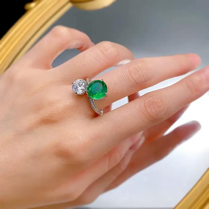 Bague en argent sterling 925 sérénité et élégance vintage avec émeraude et diamants à haute teneur en carbone pour femmes occasions spéciales anniversaires