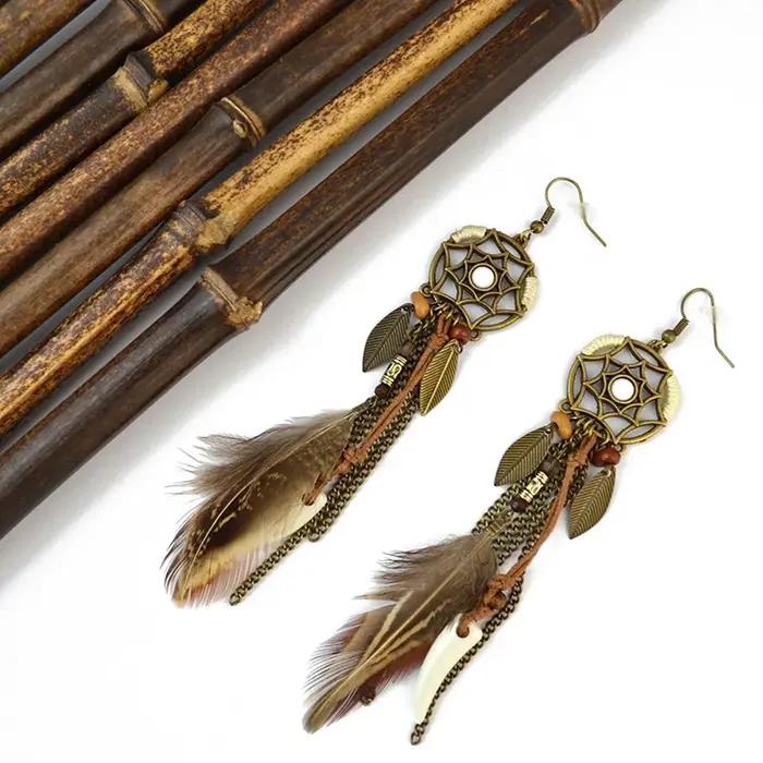 Boho ethnique capteur de rêves plume Antique Long crochet boucles d'oreilles fantaisie à la main chaîne gland boucle d'oreille pour les femmes bijoux