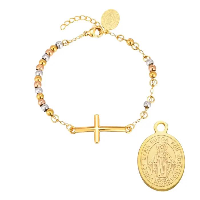 Bracelet chapelet croix vierge marie pour femmes, Bracelets de perles à breloques Vintage en acier i