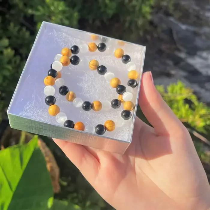 Bracelet de purification du corps en cristal de 8 mm avec sélénite, tourmaline noire et Palo Santo pour améliorer le mouvement et l'énergie
