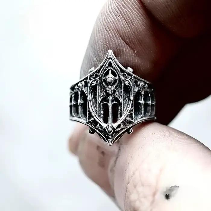 Bagues de château de couronne en Relief ajouré, couleur argent antique, personnalité rétro, pour femmes et hommes, bijoux gothiques à la mode d'halloween