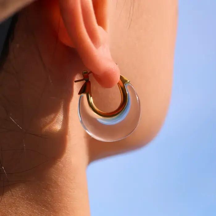 Amaiyllis minimaliste Transparent résine lune en forme de U boucles d'oreilles à la mode en acier inoxydable femmes oreille Clips bijoux