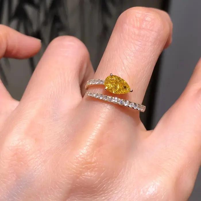 Nouvelle bague 2026 pour femme - Bijou en zircon jaune brillant en forme de goutte d'eau, bijoux aju
