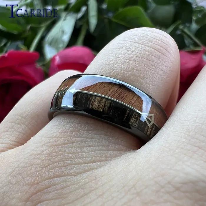 Bague en carbure de tungstène 6MM 8MM pour hommes et femmes avec incrustation double bois et flèche en acier
