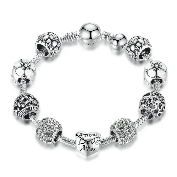 BAMOER – Bracelet à breloques plaqué argent avec perles d'amour et de fleurs, bijoux de mariage pour