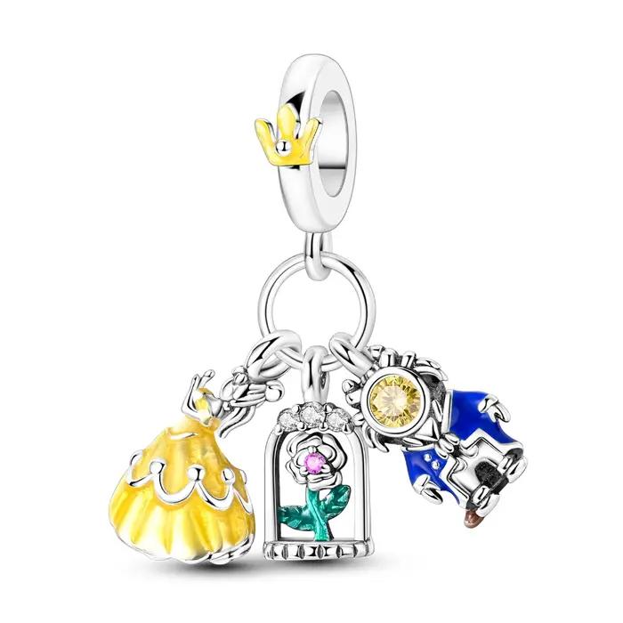 Pendentif Breloque Perle Trois Pièces Belle Princesse, Rose Magique et Prince Bestiaux, Compatible B