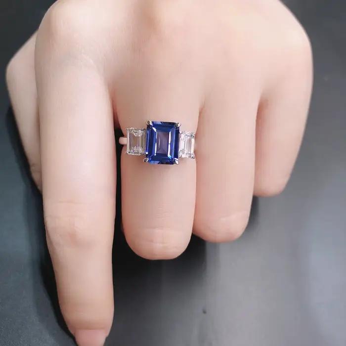 Bague de fiançailles en diamant bleu de laboratoire, or blanc massif 14 carats 585 taille émeraude 3 carats alliance de mariage romantique pour engagement et cadeau spécial