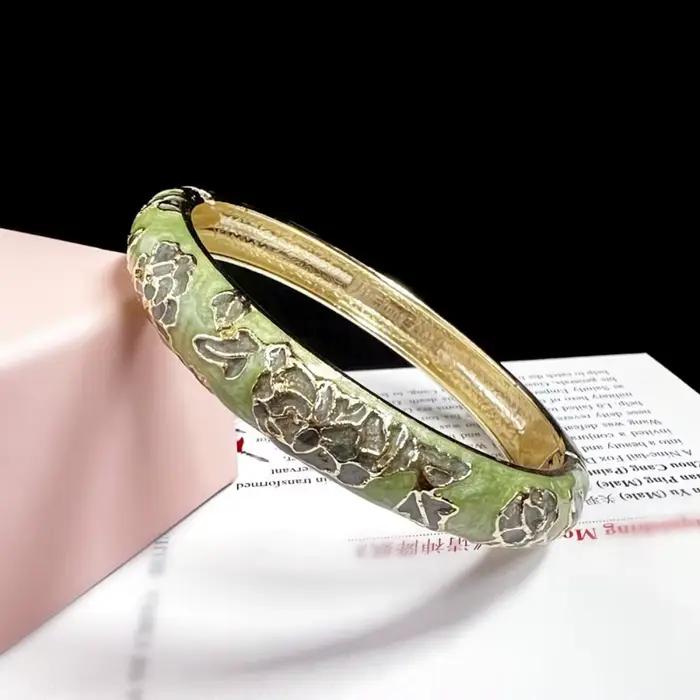 Bracelet cloisonné chinois en émail, Double Bracelet, fleur en filigrane de pivoine chinoise, classi