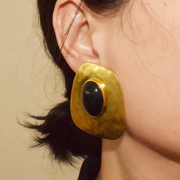 Boucles d'oreilles pendantes géométriques vintage en alliage métallique avec pierre noire pour femme