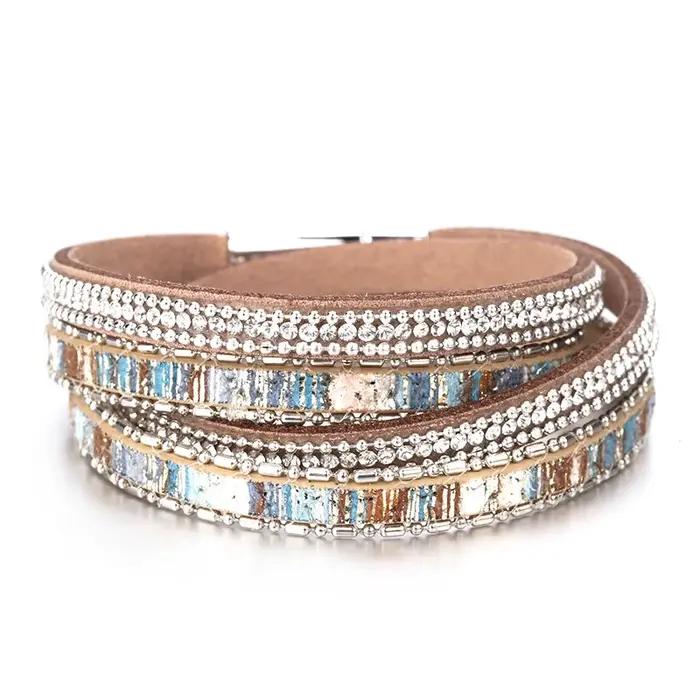 ALLYES femmes Bracelet en cuir tchèque cristal Vintage Boho plusieurs couches bohème Double Wrap Bra