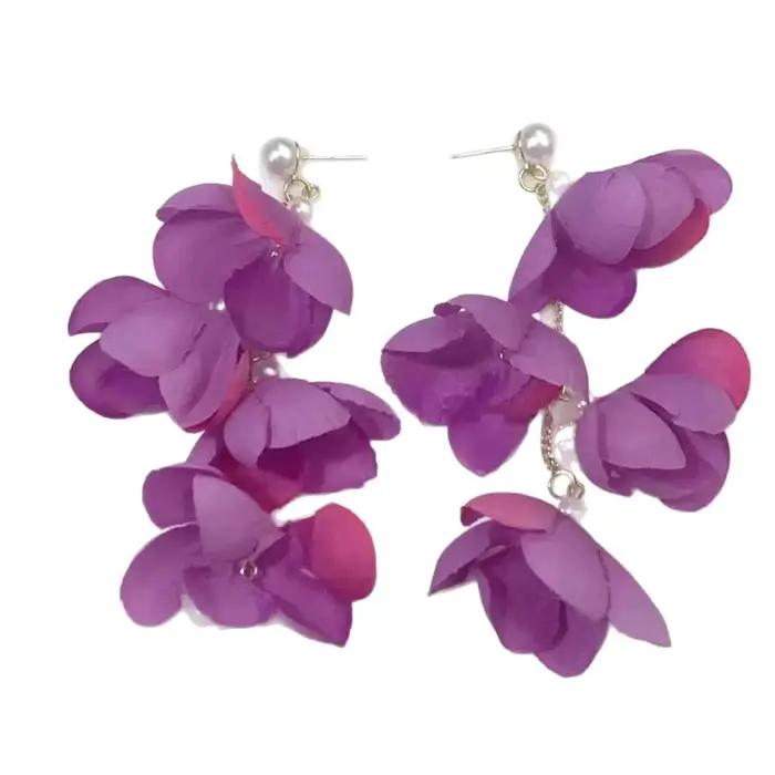 Boucles d'oreilles à clip longues en perles de fleurs violettes, ambiance vacances, style plage, fraîches et douces pour femmes, occasions spéciales et tous les jours