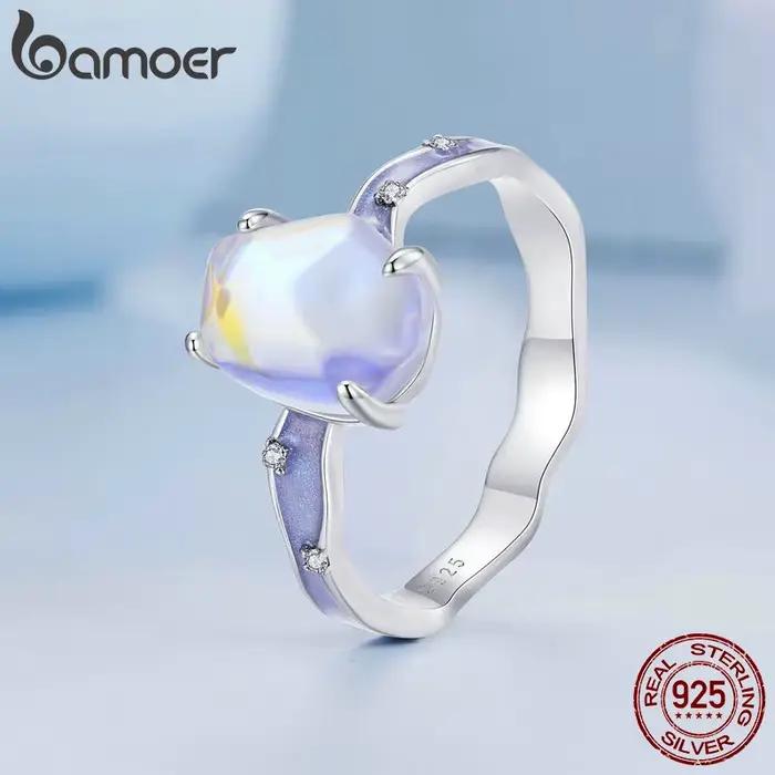 Bamoer solide 925 en argent Sterling violet pierre Aurora bague vague bande anneau pour les femmes fête bijoux fins cadeau