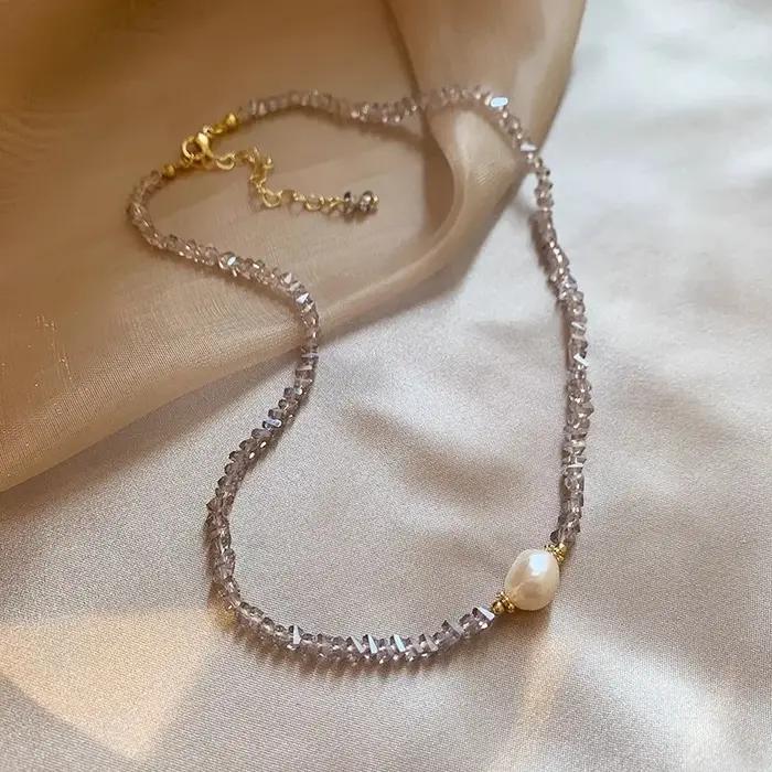 Collier de perles d'eau douce élégantes pour femmes, bijoux féminins remplis d'or 14 carats, perle et cristal naturels, cadeaux bon marché, nouvelle arrivée