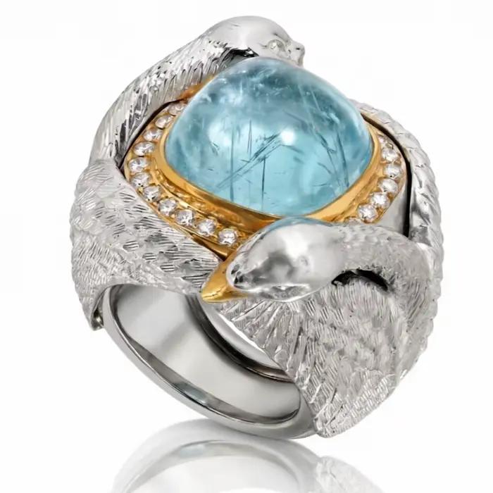 Bague Cygne Faite à la Main Élégante et Étincelante avec Zirconium Synthétique Bleu Incrusté pour Femme, Bijou de Luxe Délicat pour Banquet et Anniversaire