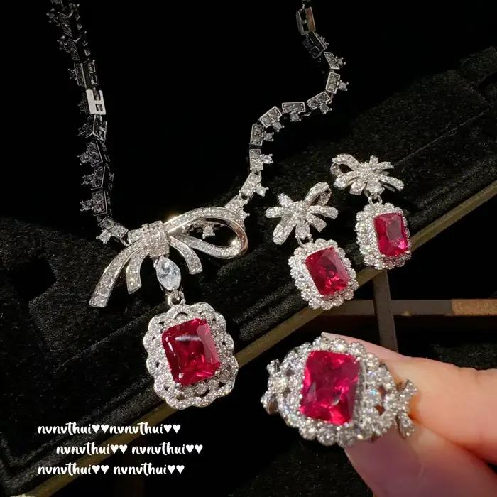 Ensemble de bijoux nœud papillon élégant exquis, argent 925, tempérament, cubique complet, contre-indiqué, zircone, noble, anneau ouvert, boucle d'oreille, collier, document, nouveau