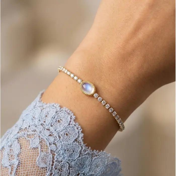 Bracelet Tennis en Acier Inoxydable Plaqué Or 18K avec Zircon et Pierres Naturelles Coquillages pour Femme