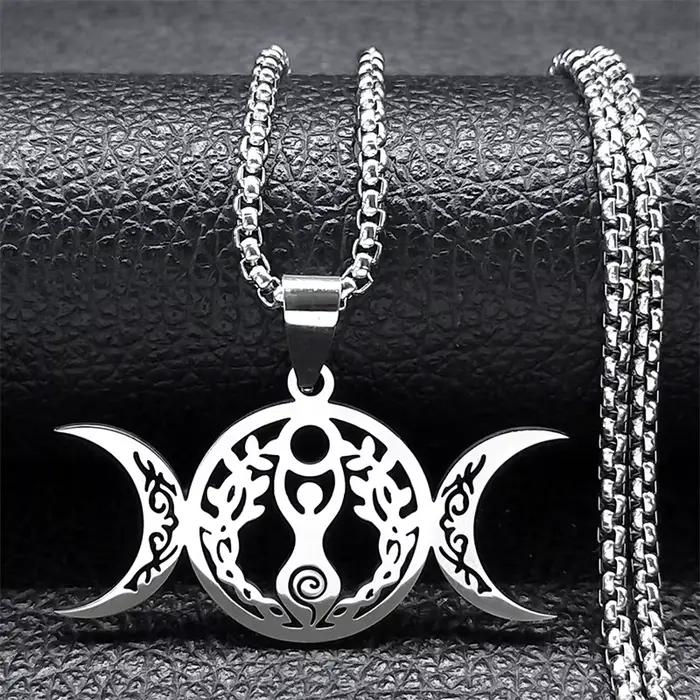 Sorcière Triple lune déesse Luna collier pour femmes hommes acier inoxydable couleur argent amulette
