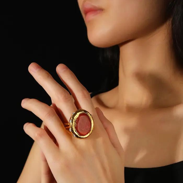 Bague en pierre précieuse Larimar corail rouge