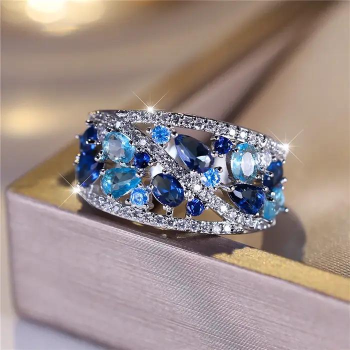 Bague de luxe en pierre de Zircon bleu pour femme