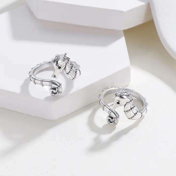 Bague ouverte en argent sterling 925 motif hippocampe réglable pour femmes bijou animal marin élégant pour occasions spéciales cadeau