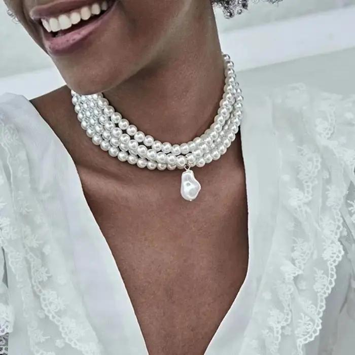 Collier ras du cou classique en perles rondes pour femmes