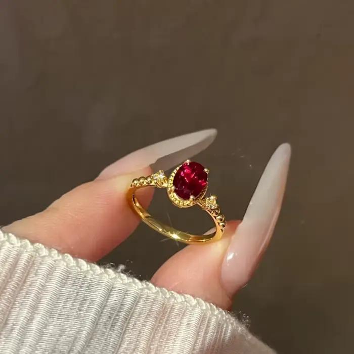 Bagues ovales en rubis pour femmes, style cour rétro, mode luxueuse, haut de gamme, rouge, ouverture