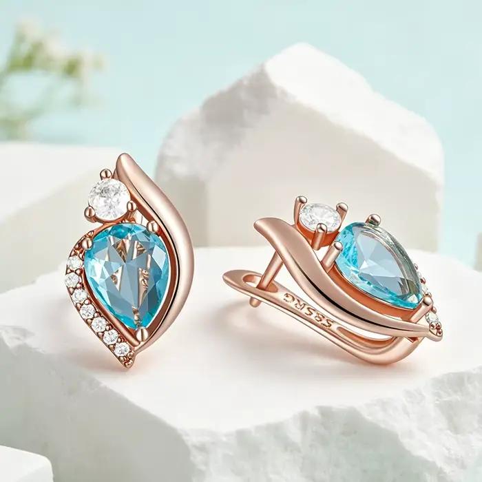 Kienl – boucles d'oreilles anglaises couleur or Rose 585 pour femmes, accessoires en Zircon naturel bleu, bijoux fins de haute qualité pour tous les jours