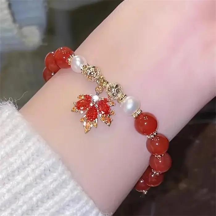 Bracelet rétro en perles de cristal rouge pour femmes