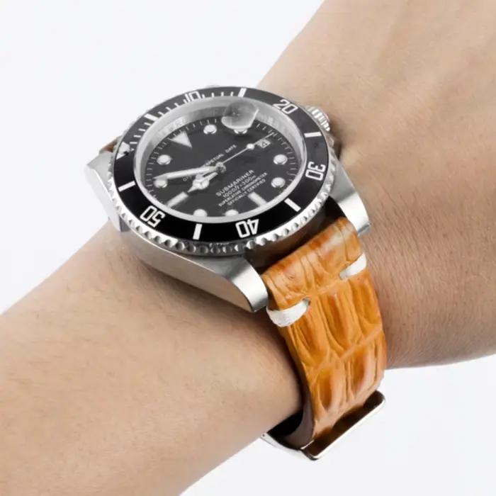 Bracelet de montre en cuir véritable Crocodile, 18mm 20mm 22mm 24mm, noir café cuir de vache, pour hommes et femmes