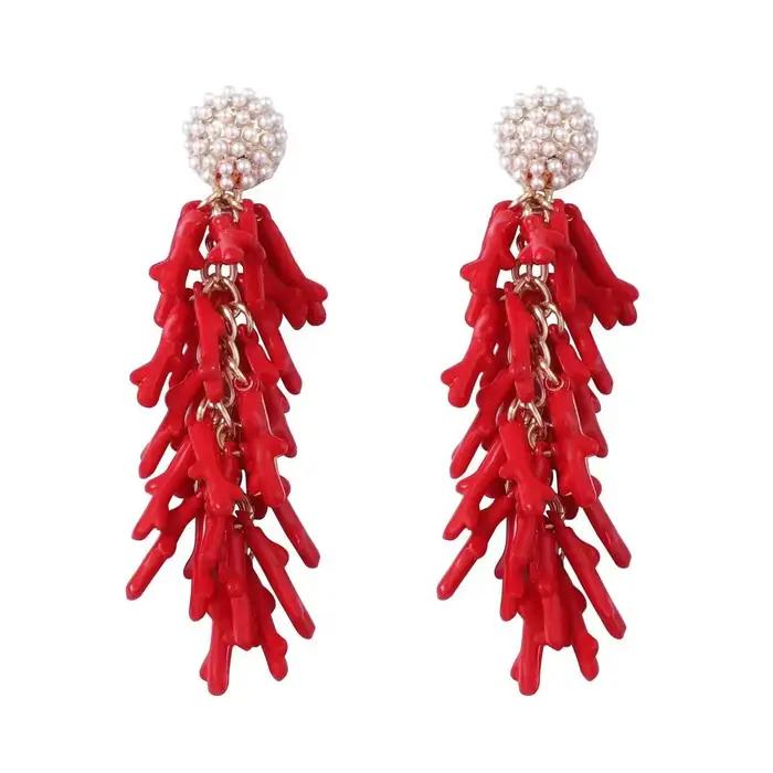 Collier de corail rouge en résine superposée à double couche de style bohème pour femmes