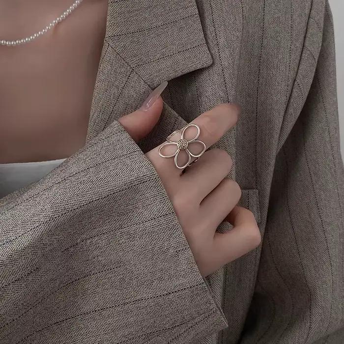 CALYMIX 925 bagues en argent Sterling pour femmes Couple minimaliste fait à la main Simple grande fleur bague fête bijoux cadeau prévenir l'allergie