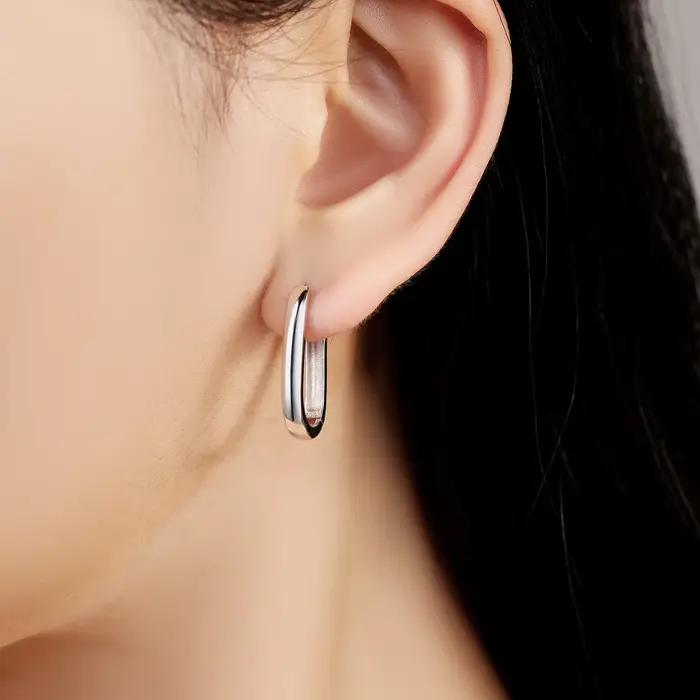 Boucles d'Oreilles Créoles en Argent Sterling S925 Simple et Lisse Pour Femmes Occasions Spéciales Blanc Noir