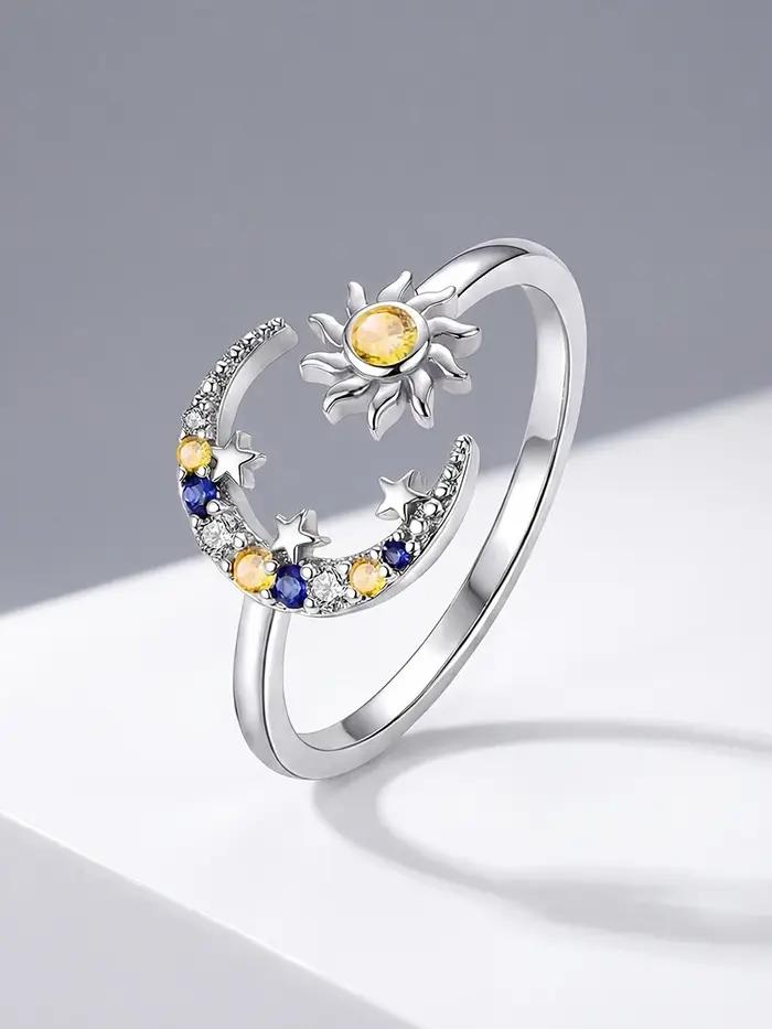 Bague réglable en argent sterling 925 sertie de zirconium blanc motif lune et soleil pour femmes occasions spéciales alliance de mariage finitions sophistiquées