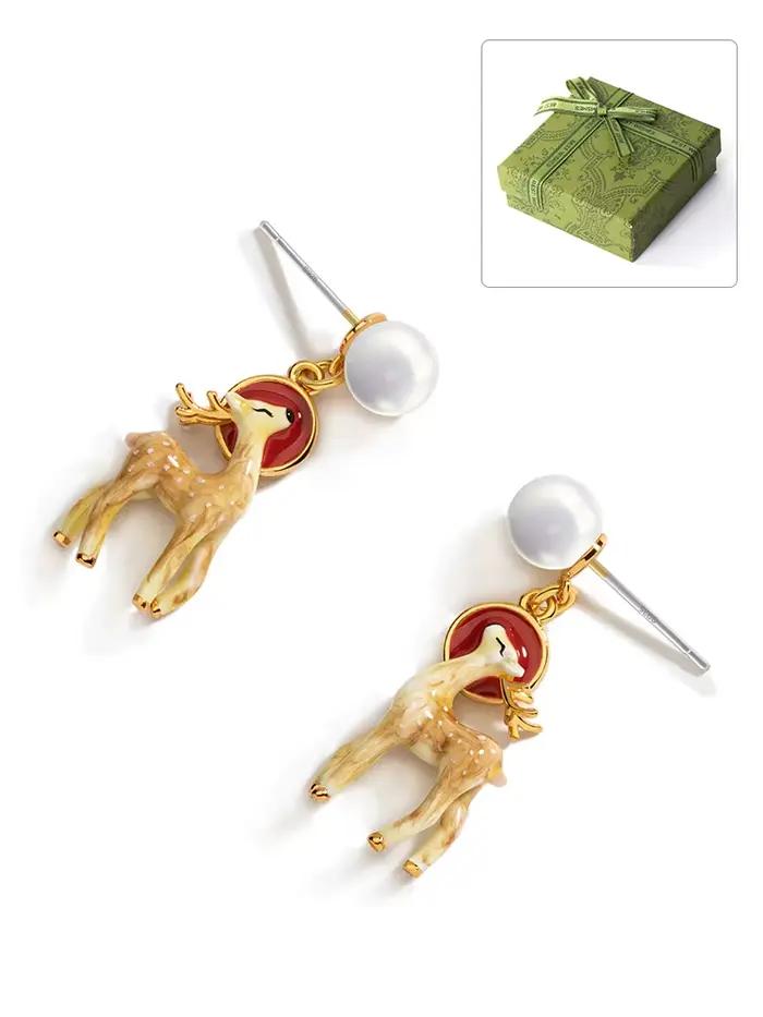 Juciy raisin 3D stéréoscopique Sika cerf boucles d'oreilles 925 argent aiguille à la main émail bijo