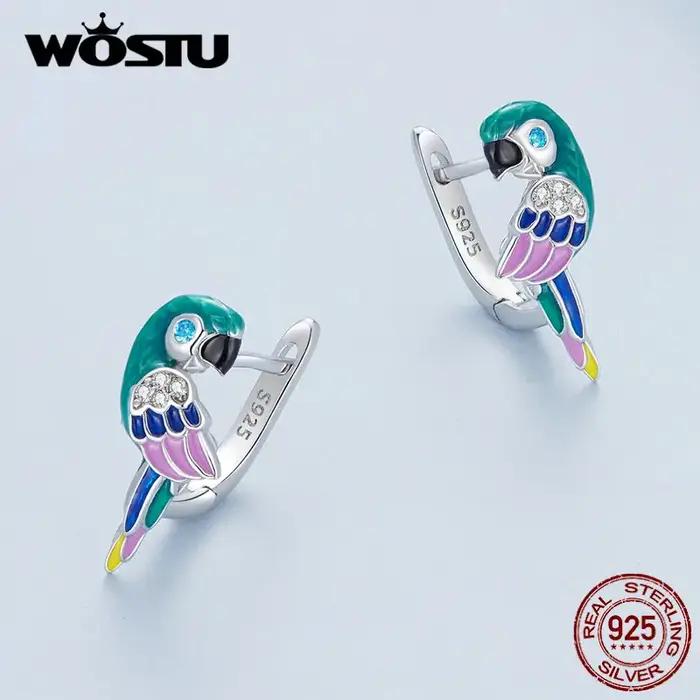 WOSTU 925 en argent Sterling arc-en-ciel perroquet boucles d'oreilles pour les femmes mignon animal de compagnie oiseau CZ oreille Clips fille anniversaire bijoux cadeau de famille