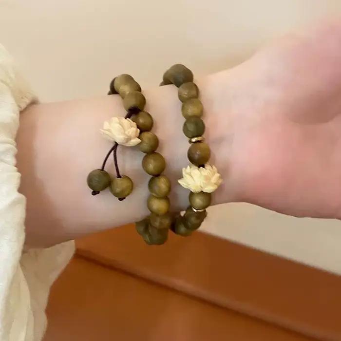 Bracelets Vintage en bois avec pendentif fleur de Lotus pour femmes et filles
