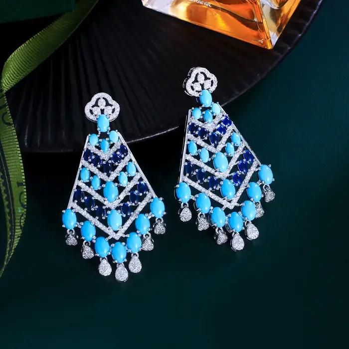 Luxe bleu Turquoise pierres grandes longues boucles d'oreilles à pampilles pour les femmes élégant Boho mariage Banquet