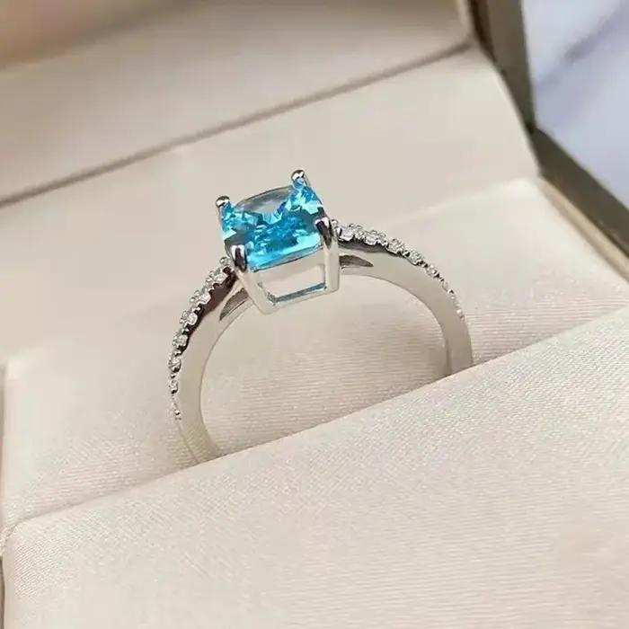 Bagues en argent Sterling 925 avec Zircon carré bleu pour femmes