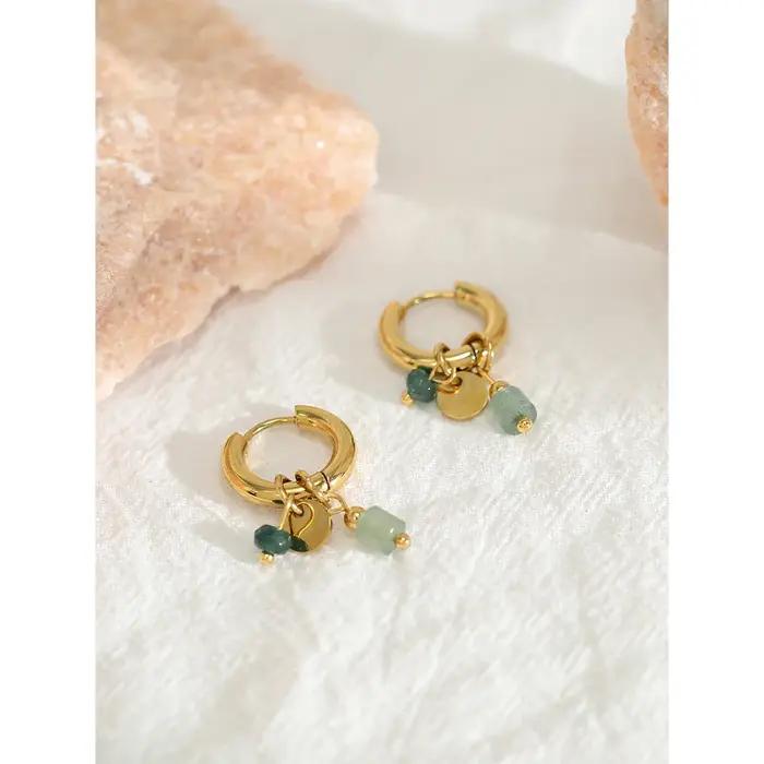 YACHAN 18K plaqué or acier inoxydable Hoop boucles d'oreilles femmes rétro vert pierre naturelle charme mode bijoux imperméables