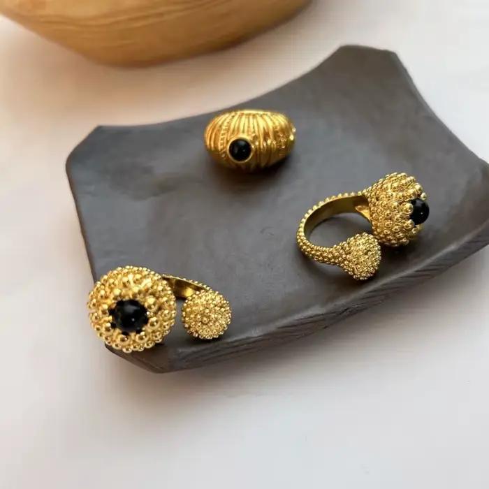 Bague ouverte en laiton plaqué or pour femmes, Agate noire, Europe et amérique, Design rétro, accessoires de bijoux populaires, tendance