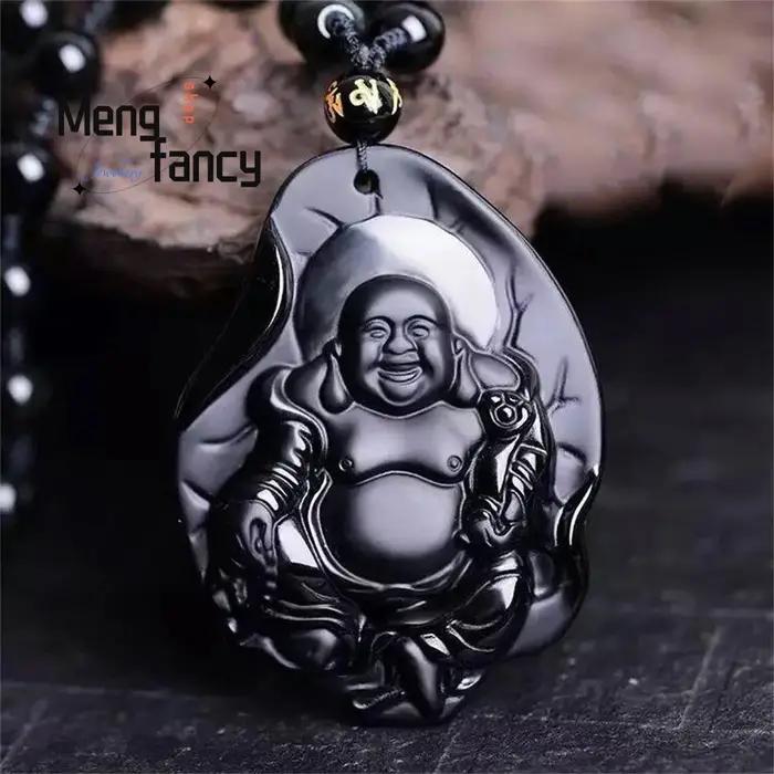 Pendentif bouddha en obsidienne naturelle Ruyi Maitreya