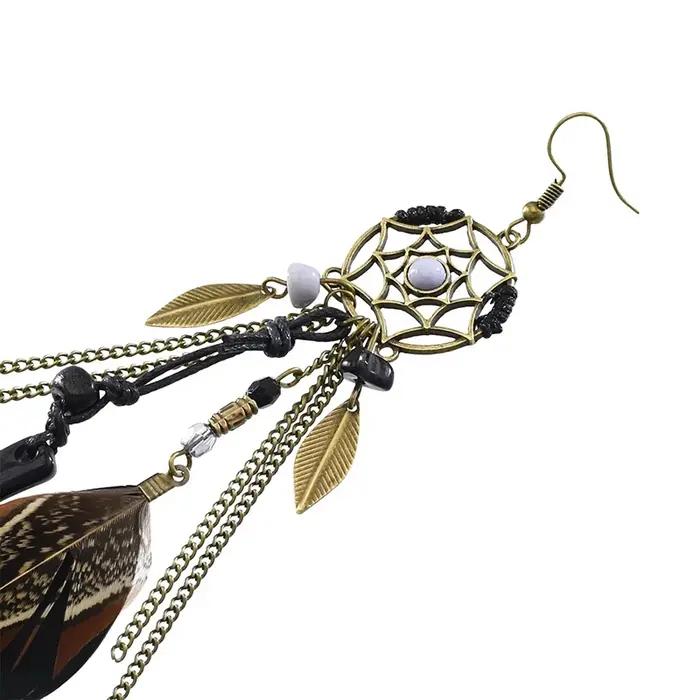 Boho ethnique capteur de rêves plume Antique Long crochet boucles d'oreilles fantaisie à la main chaîne gland boucle d'oreille pour les femmes bijoux