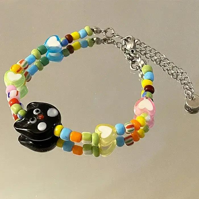 Bracelet en perles de chat de dessin animé mignon pour enfants, noir et blanc, drôle, bijoux heureux