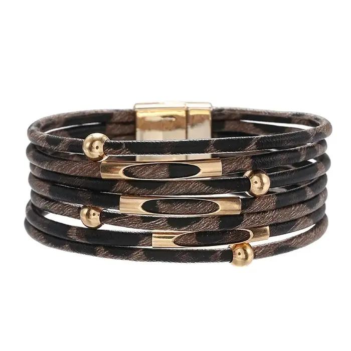 Bracelet en cuir imprimé léopard rétro en métal