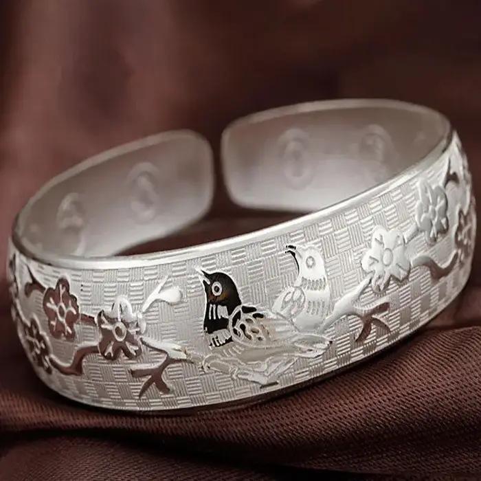 Bracelet Ouvert en Argent Sterling 925 pour Femmes Occasions Spéciales Mariage Blanc Géométrique